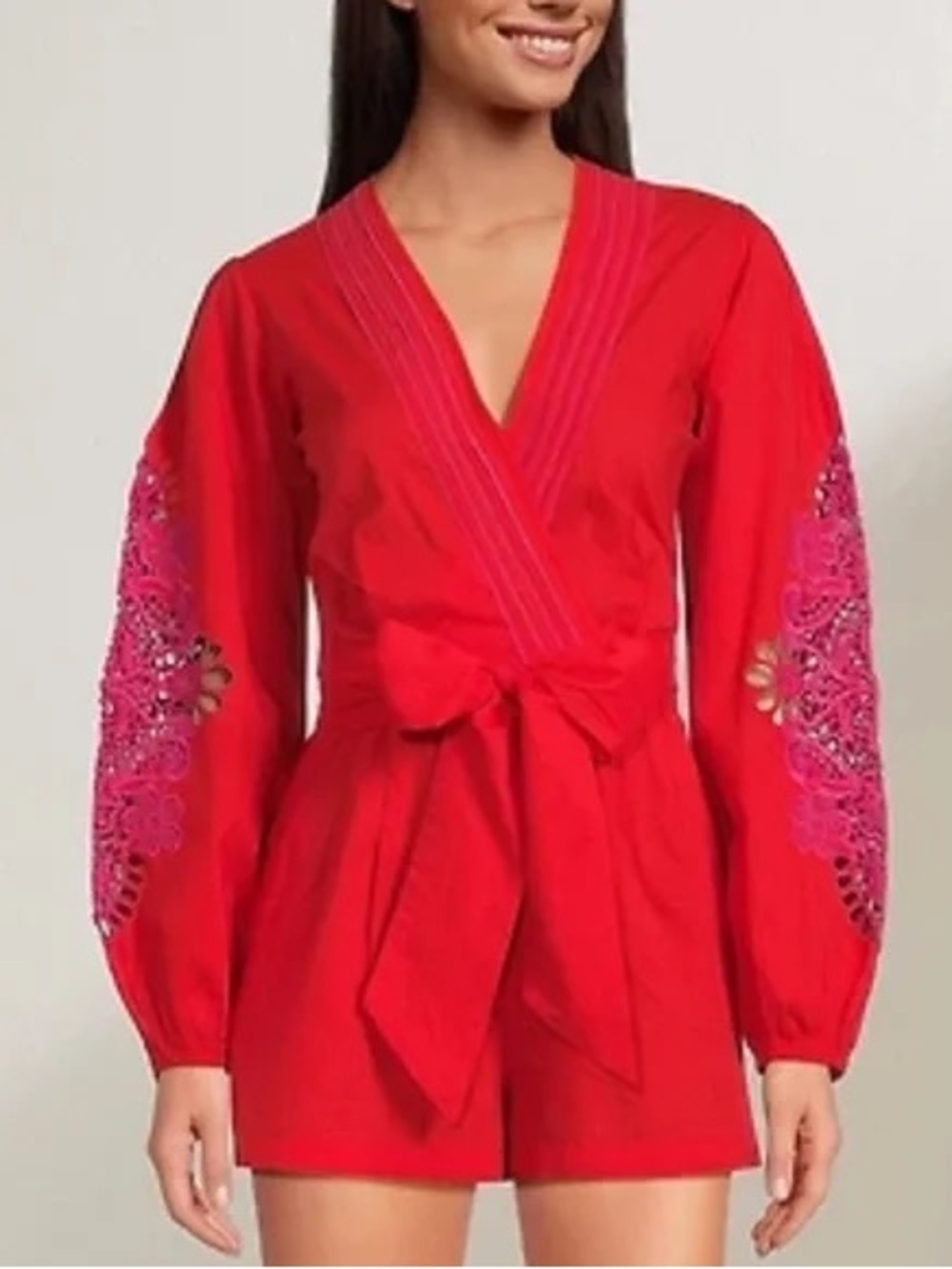 Chelsea & Violet Red Livvy Long Sleeve Romper with Purple Eyelet Detail Trim NWT - Picture 2 of 8